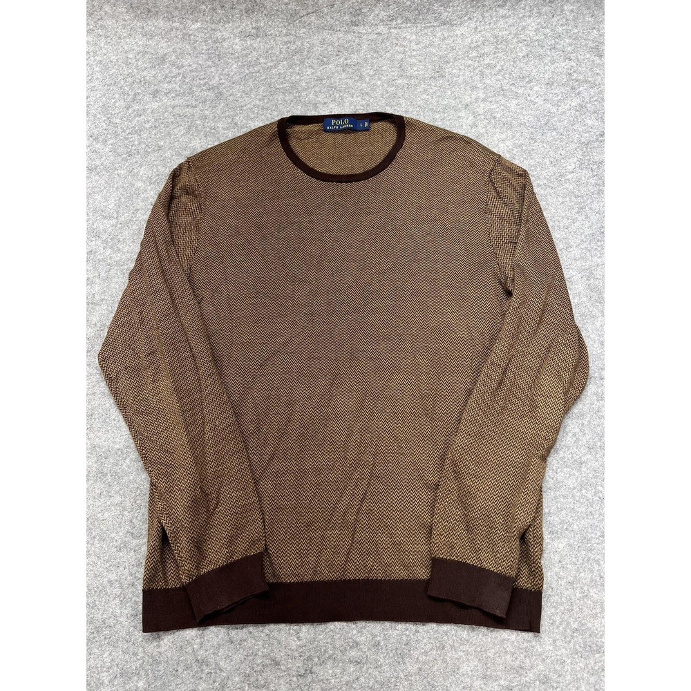Polo Ralph Lauren Sweater Mens Large Brown Silk Cotton Herringbone Lightweight